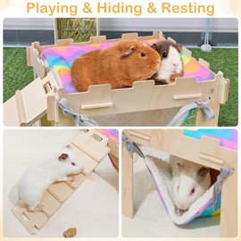 BeBeJoJo Guinea Pig House with Hammock,Wooden Guinea Pig Hideout with Ramp Soft Guinea Pig Hammock fit Guinea Pigs Cages Accessories for Small Animals
