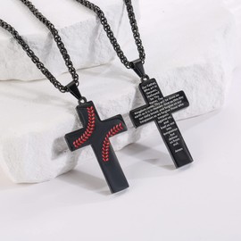 Zocomi Cross Necklace for Men Baseball Pendant Chain Black Stainless Steel Religious Christian Baptism First Communion Confirmation Lord's Prayer Jewelry Gift Christmas