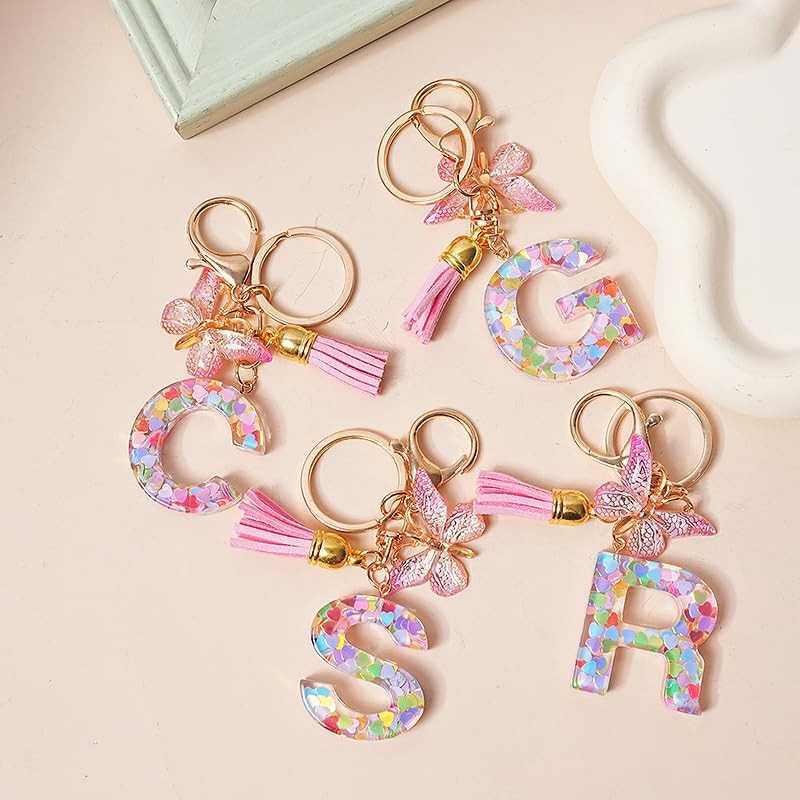 LUTAKU Keyring Girl Keyring with Initial Letters Pink Key Ring