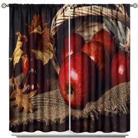 Farmhouse Apples Kitchen Curtains, Vintage Linen Background Rustic Red Apple Flower Dead Leaf Print Patternblackout Window Treatments for Cafe Country Living Room 42x63in
