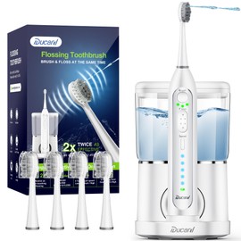 Ducard Electric Toothbrush with Water Flosser, Professional Flossing Toothbrush Combo for Teeth Cleaning Plaque Removal with 4 Replacement Heads, 3 Brush Modes & 5 Floss Speeds,Sliver White