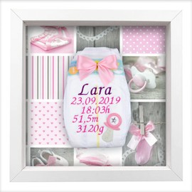 tanjo Embroidered Nappy in Frame White, Girls, Cute Gift for Birth I Christening Gift, Decorated with Crystals Name, Date, Time, Weight and Size + D21 | Sustainable Baby Gift