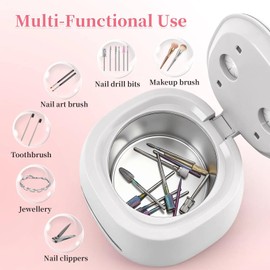 BQAN Rechargeable Nail Tool Cleaner, 3 Timers Mode Jewelry Cleaner, Portable 200ML Cleaning Machine for Nail Art Brushes, Drill Bits, Rings, Jewelry Home and Salon Use(White)