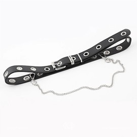 CRAFTMEMORE Punk Rock Grommet Belt, Black PU Leather, 41 inches, Metal Eyelets, Detachable Chain SPB2 (Single Row Grommets)
