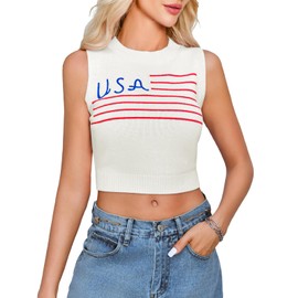 Tankaneo Womens American Flag Crop Tank Tops High Neck 4th of July Patriotic Summer Sleeveless Shirts Sweater Vest
