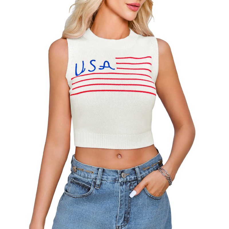 Tankaneo Womens American Flag Crop Tank Tops High Neck 4th