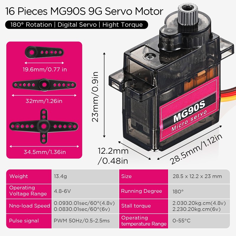 Hanaive 16 Pcs Mini MG90s 9g Micro Servo Motor RC