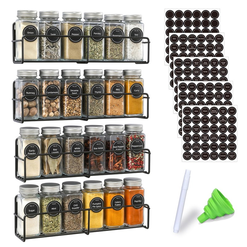 VITEVER Magnetic Spice Rack, 4 Pack, 24 Square Glass Jars