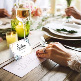 Mavanto® 50 x Design Place Cards for Weddings and Birthdays, DIN A7 Size, Place Cards for Writing on, Many Different Designs (Leaves)