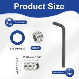 PATIKIL 3/8-16x5/8 Hex Socket Grub Screws, 10 Pcs Cup Point Set Screw with Wrench