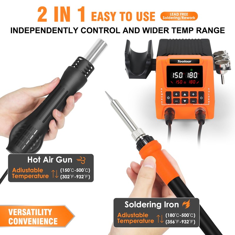 TOOLOUR 2-IN-1 851D Soldering Iron Hot Air Rework Station, 302°F-932°F