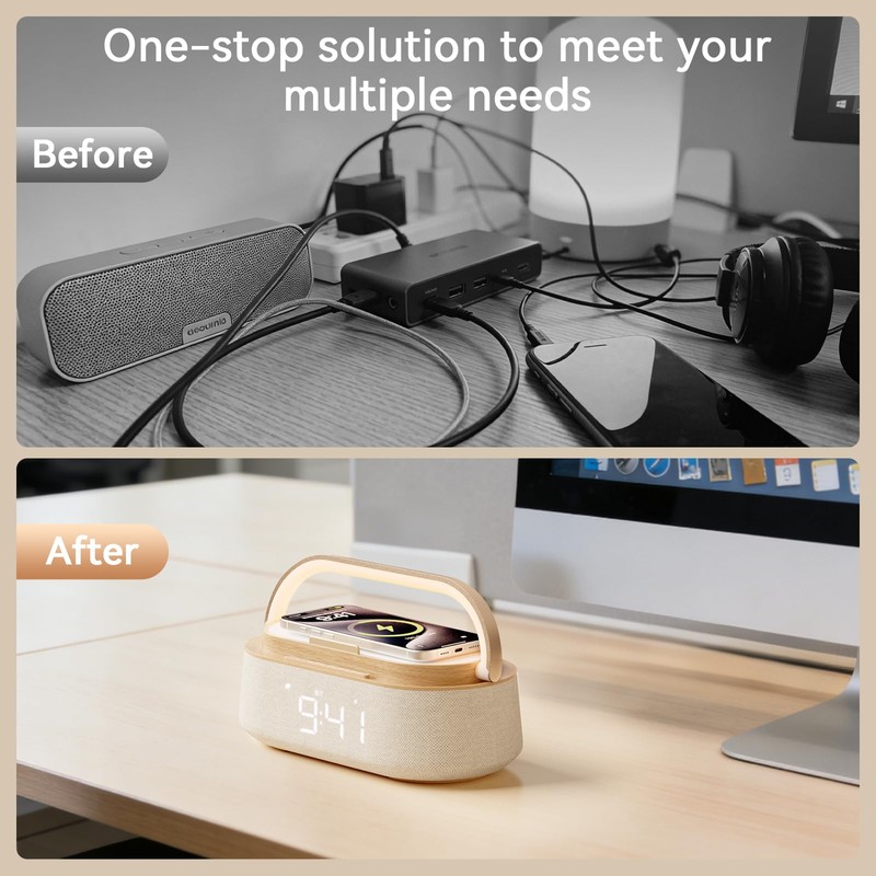 Alarm Clock Bedroom with Wireless Charger Bluetooth Speaker FM Radio