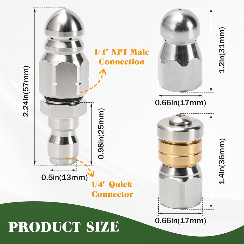 Sewer Jetter Nozzle Kit, 3-Pack Stainless Steel Jet Nozzles with