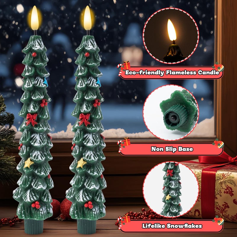 GQIRIL Christmas Tree Flameless Taper Candle - 4PCS Xmas Waxy