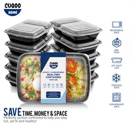 CUQOO [10 Pack Premium Meal Prep Containers with 2 Compartment Lunch Box – BPA-Free & Food-Safe Snack Box for Adults & Kids | Microwavable, Dishwasher, Oven & Freezer Safe Bento Box