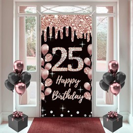 25th Birthday Decoration for Women Happy 25th Birthday Poster Door Banner Black and Rose Fabric Sign Wall/Door Banner 25th Birthday Background Banner Woman Birthday Party Welcome Sign, 35.4"x70"