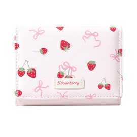 Modacarry Small Cute Wallet with Strawberry Coquette Bow Print ID Credit Card Holder for Women Girls (PINK)