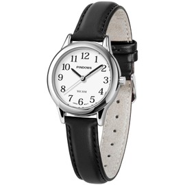 PINDOWS Women's Slim Minimalist Quartz Analog Wrist Watch with Black Leather Strap Gold Tone Case Fashion Elegant Daily Watch, 652N3: Black x Silver Tone, Classic minimalist design
