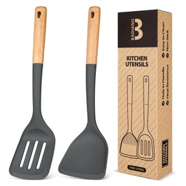 Silicone Wok Spatula Turner Set, Perfect for Scooping, Flipping, Lifting Pancakes and Picking up Veggies, BPA-Free Matte Silicone, Wooden Handles, Safe for Nonstick Cooking Surfaces (Grey)