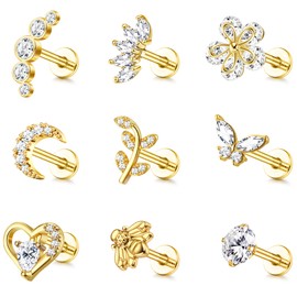 Sanfenly 9Pcs 16G Cartilage Earrings for Women Stud Earrings Set Tragus Helix Conch Earrings Internally Threaded Labret Cubic Zirconia Earrings Butterfly Moon Gold Silver Earrings Piercing for Women