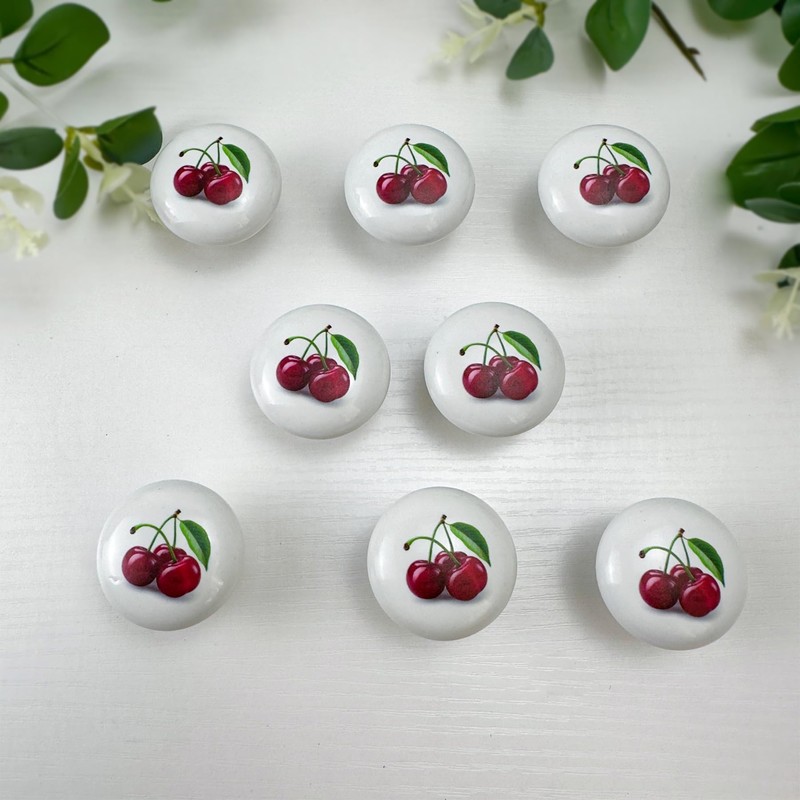 Lasyman 8 Pack Round Cabinet Knob1.5 Cherries Fruit Ceramic Rustic