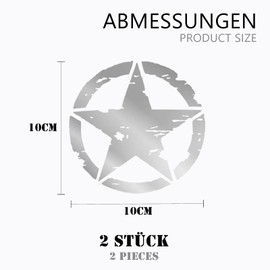 Longivia® Pack of 2 Star Military Stickers (Sizes 25 cm, 20 cm, 15 cm, 10 cm) 4x4 Off Road Sticker USA Army Oldschool - for Motorcycle, Car, Bonnet, Renegade (10 cm, Silver) Car Sticker