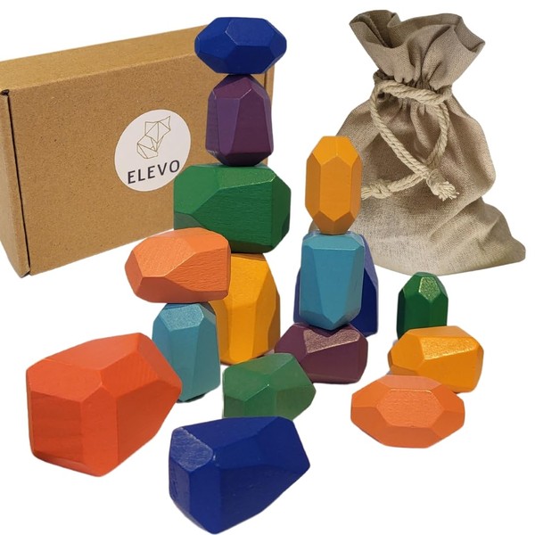 ELEVO Wooden Stacking Stones (Colourful), Set of 16 Stones with