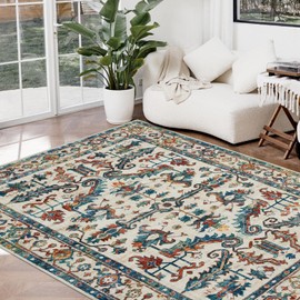 Joydeco 5x7 Area Rugs for Living Room, Non Slip Machine Washable Vintage Rug, Low Pile Non Slip Chenille Print Rugs for Bedroom, Dining Room, Home Office, Pet & Child Friendly, Blue Beige&Brown