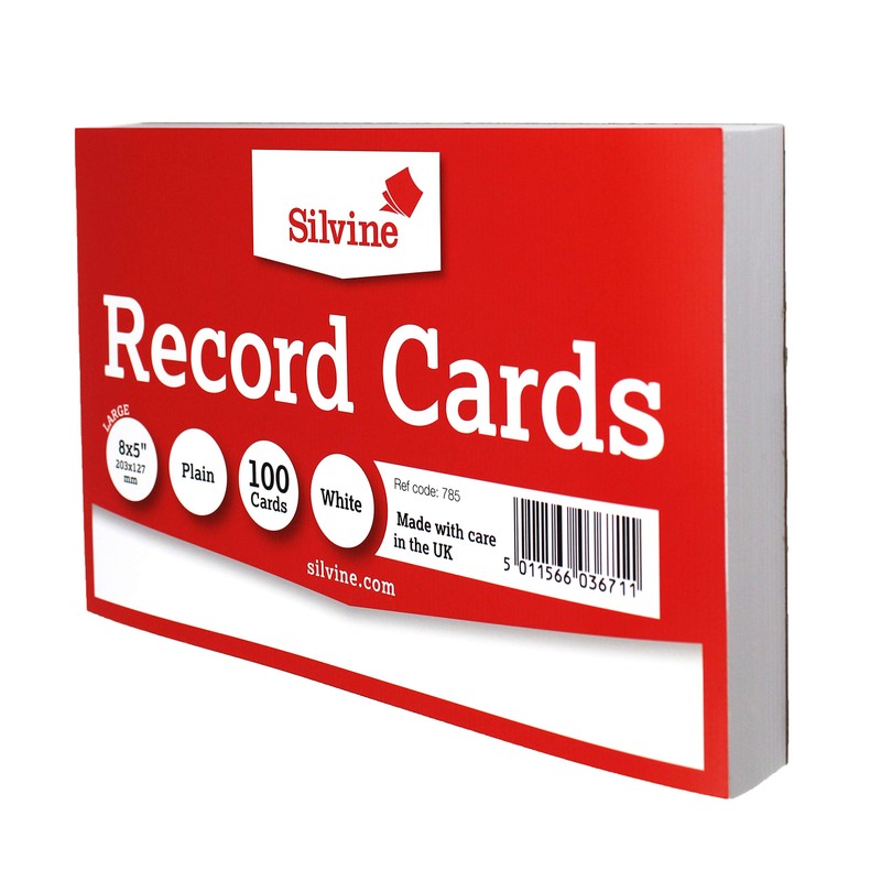 Silvine 8x5" White Record Cards - Plain, 100 cards per