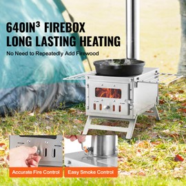Happybuy Wood Stove, 80 inch, Stainless Steel Camping Tent Stove, Portable Wood Burning Stove with Chimney Pipes & Gloves, 700in³ Firebox, Ideal for Outdoor Cooking and Heating with 8 Pipes