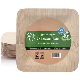 Epecnic 7 Inch Square Bamboo Dinner Plates, Compostable & Biodegradable Bamboo Paper Plates, Reusable for Appetizers, Camping, Party Supplies, Pack of 25