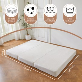 BYBYME Tri-Folding Corduroy Mattress, 6 Inches Gel Folding Mattress Topper, Foldable Soft Guest Bed Camping Pad, Washable Cover (Beige, Full)