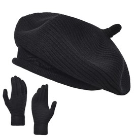Women French Beret Hat Beanie Gloves Winter Knit Knitted Warm Wool Slouchy Paris Basque Baret Barrette Artist Cap Black Classic Solid Color, Boinas de Mujer, Gifts for Ladies