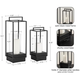 Kate and Laurel Brandt Modern Two-Piece Candle Holder Set, 7 x 7 x 19, Black, Transitional Wood and Metal Lantern Hurricane Candle Holders for Fireplace Mantel Display