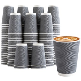 Clawsoff 120 Pack 12 oz Disposable Coffee Cups, Corrugated Insulated Ripple Wall Paper Coffee Cups 12oz, To Go Cups for Hot Beverage or Cold Drinks Office/Home/Cafe/Party/Travel (Gray)