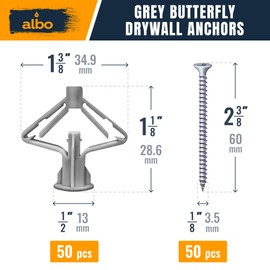 ALBO Drywall Anchor Kit Hollow Wall with Screws 100 pcs. (Grey Anchor 50pcs + Screws 50pcs) Plastic Hollow Wall Drilling Anchors