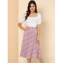 Allegra K Ladies' Skirt A-Line Floral Print Leave Print Elastic Waist Midi Skirts Pink 16