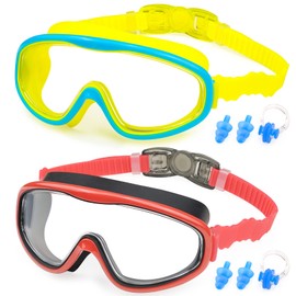 KAILIMENG - Gafas de natación para niños, sin fugas, antiniebla, protección UV, con clip para la nariz y tapones, para los oídos para niños de 3 a 15 años (Azul amarillo y rojo negro, 2 unidades)