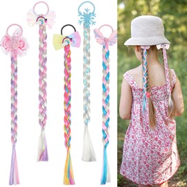 Pack of 5 Colourful Hair Strands, Rainbow Princess Braid, Long Hair Wig Braids for Girls, Headband Braid with Scrunchie, Wig Ponytail Hairpiece Animation Cosplay Children's Wig for Party Costume