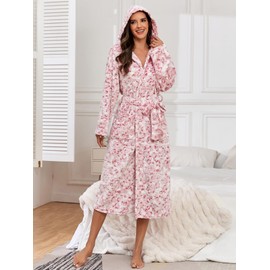 RONGTAI Leopard Print Hooded Bathrobe for Women, Long Shawl Collar Fleece Womens Robe with Pockets and Belt (XXL, Pink)