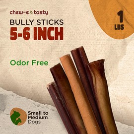 chew-e&tasty Premium Grade 5-6" Bully Sticks Dog Treats Single Ingredient Long Lasting High Protein 100% Natural Odor Free Grass-Fed Dental Dog Chews - 1LBS (16oz)