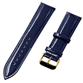 Kai Tian Genuine Shiny Leather Watch Strap for Men and Women Black Blue Red with Silver Gold Rose Buckle 12 mm 14 mm 16 mm 18 mm 20 mm 22 mm, Blue (gold buckle), Classic