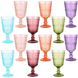 Eaasty Wine Glasses Set of 12 Vintage Goblet 9 oz Vintage Colored Glass Goblet Beverage Stemmed Glass Cups Romantic Embossed Glassware for Wedding Party Holidays Anniversary (Multi Colors)