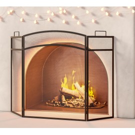 Calidola 3 Panel Fireplace Screen 48" W x 29" H Modern Foldable with Wrought Metal Decorative Mesh,Arch Heavy Duty Fire Spark Guard Cover for Home Decor Indoor, Black
