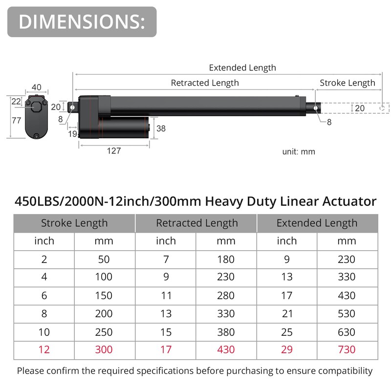 Justech 12V Heavy-Duty Linear Actuator 450LBS/2000N-12inch/300mm Silent IP54 Electric Actuator