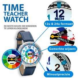 Kiddus Learning Watch for Children, Boys and Girls, Analogue Watch with Time Learning Exercises, Time Teacher, Dutch PU Leather, Blauw, Dutch PU leather Blauw, Strap.