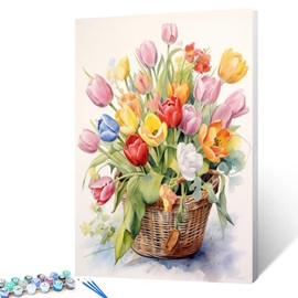 Basket Filled with Colorful Tulips Paint by Number Watercolor Style Flowers DIY Painting on Canvas with Brushes Acrylic Paints Paint by Numbers for Adults and Kids Beginner 16x20 Inch（without Frame）