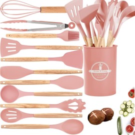 Utensilios de Cocina de Silicona, Juego de 12 Herramientas de Cocina Antiadherentes Resistentes al Calor，Viene con espátula/cuchara/agitador/clip, etc., adecuado para utensilios de cocina. (rosa)
