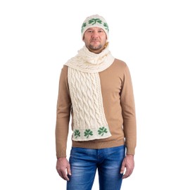 SAOL 100% Merino Wool Ireland Shamrock Gift Set Hat and Scarf for Men (Natural)