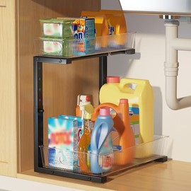 Biboraya 1 Pack 10.62"-15.5" H Acrylic Bathroom Under Sink Organizers And Storage Height Adjustable,2-Tier Pull Out Under Cabinet Shelf Organizer,Multi-Use Slide Out Drawer For Kitchen Laundry-Black